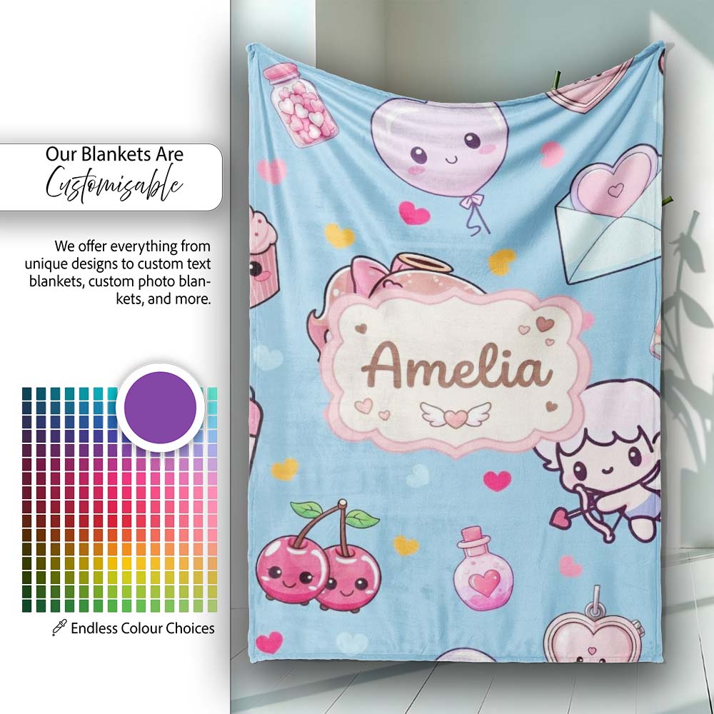 Cute Cupid Angels Hearts Sweets Blue Background Seamless Pattern Personalised Custom Name Super Soft Fleece Blanket Bed Sofa Throw