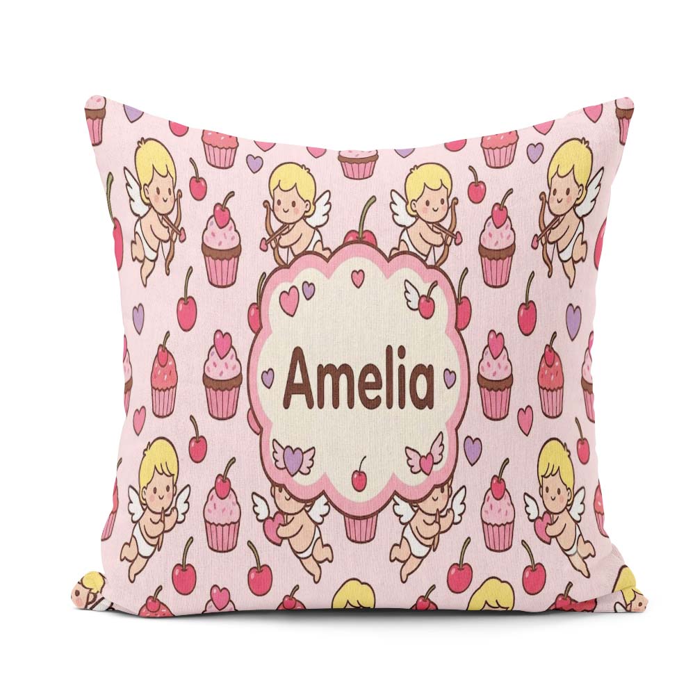 Custom Name Cupid Angels Hearts Sweets Beige Background Seamless Square Filled Cushion Throw Pillow Sofa Bed Home Decor Zip Washable UK Made