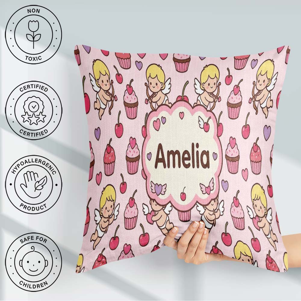 Custom Name Cupid Angels Hearts Sweets Beige Background Seamless Square Filled Cushion Throw Pillow Sofa Bed Home Decor Zip Washable UK Made