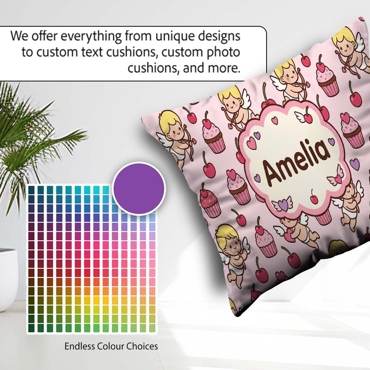 Custom Name Cupid Angels Hearts Sweets Beige Background Seamless Square Filled Cushion Throw Pillow Sofa Bed Home Decor Zip Washable UK Made