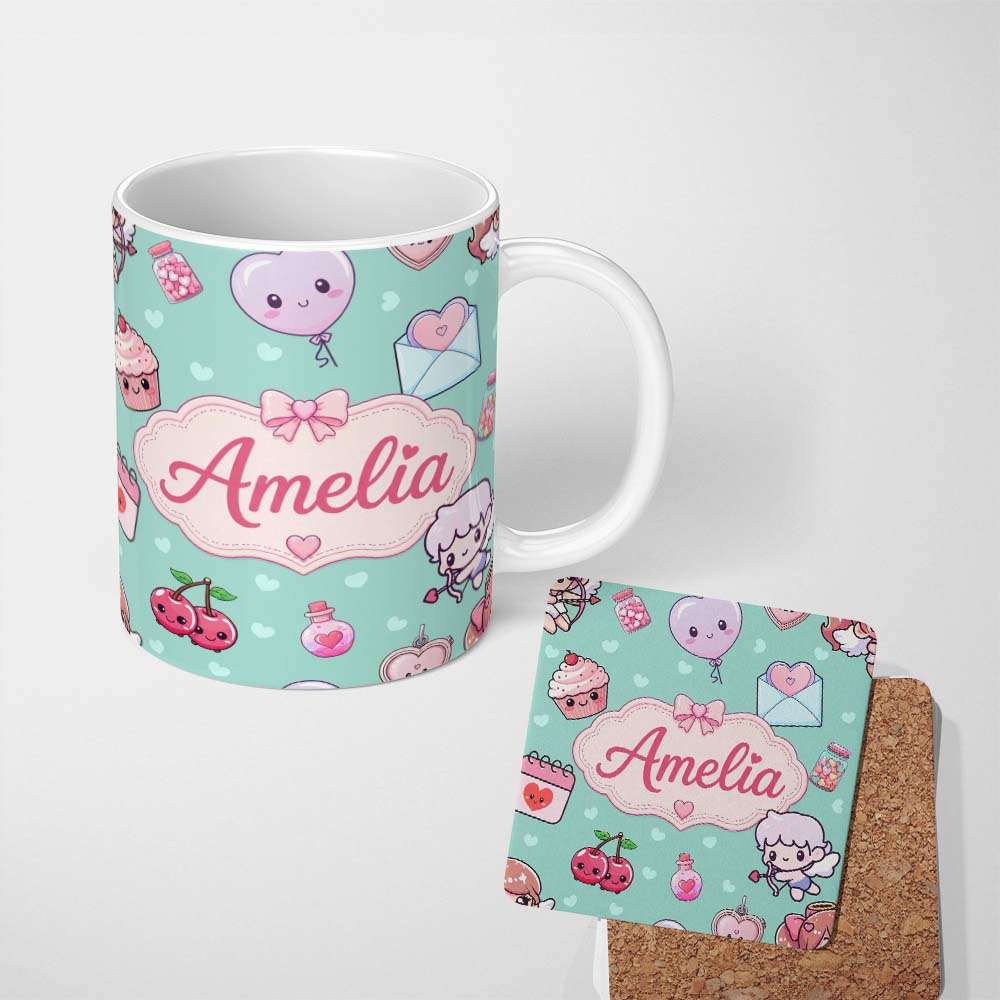 Personalized Custom Name Cute Cupid Angels Hearts Sweets Mint Background Seamless Pattern 11oz Ceramic Coffee Tea Mug White Large Handle