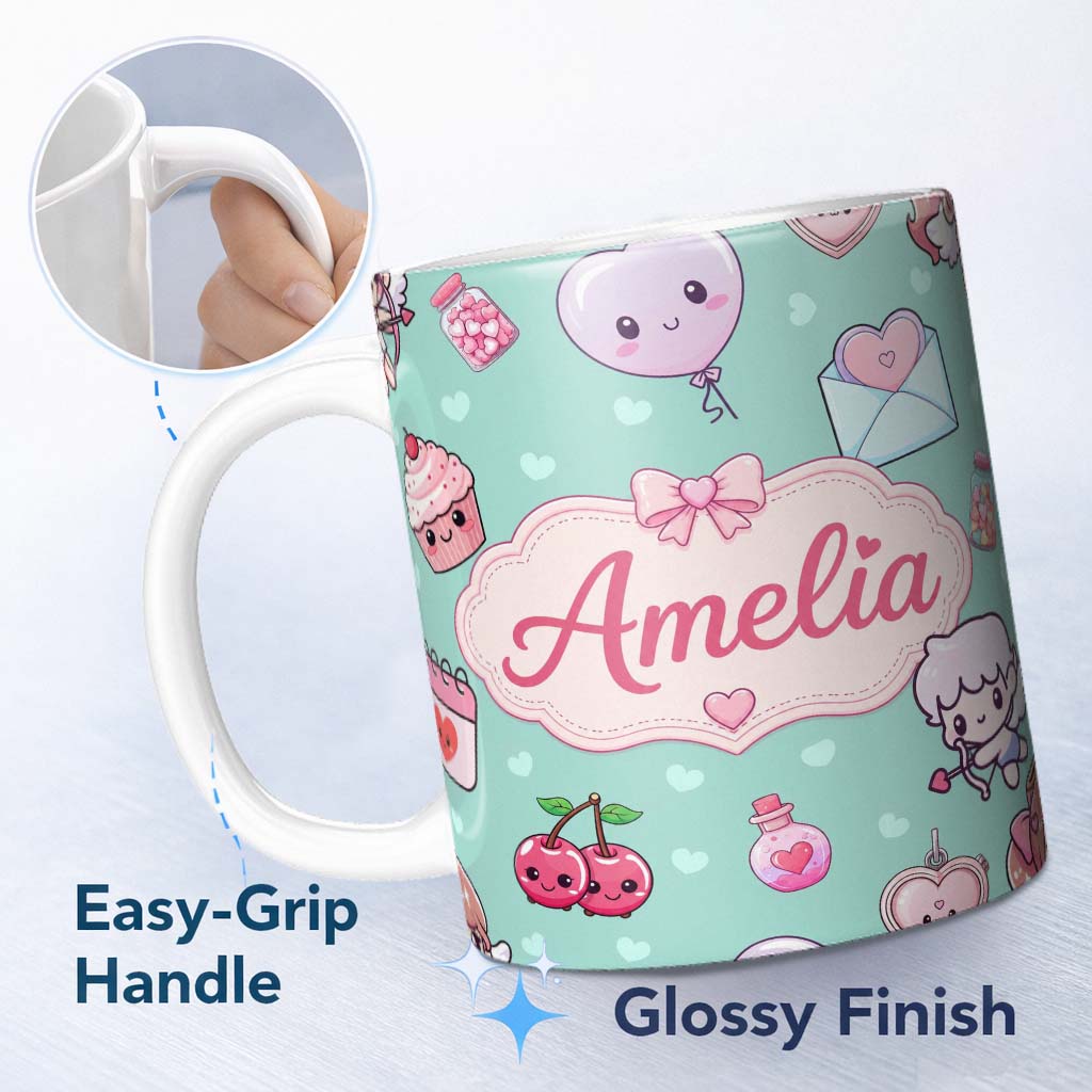 Personalized Custom Name Cute Cupid Angels Hearts Sweets Mint Background Seamless Pattern 11oz Ceramic Coffee Tea Mug White Large Handle