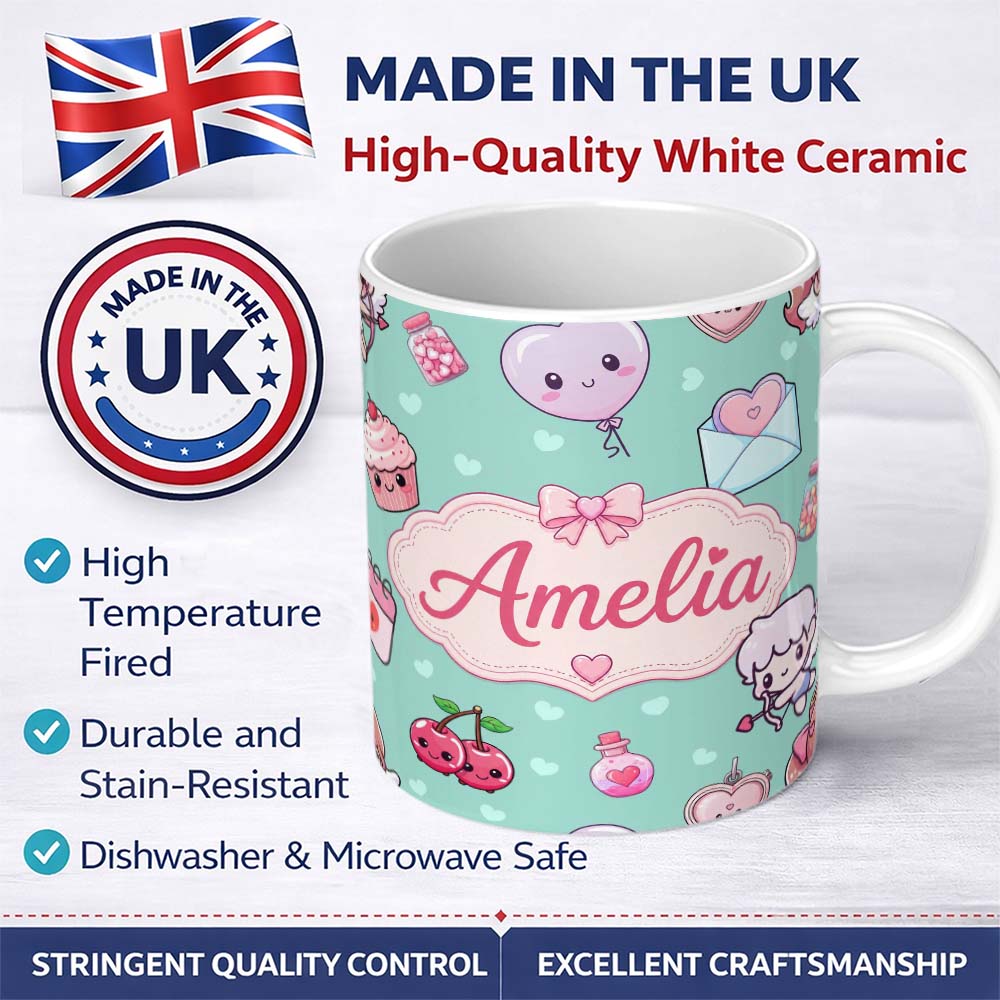 Personalized Custom Name Cute Cupid Angels Hearts Sweets Mint Background Seamless Pattern 11oz Ceramic Coffee Tea Mug White Large Handle