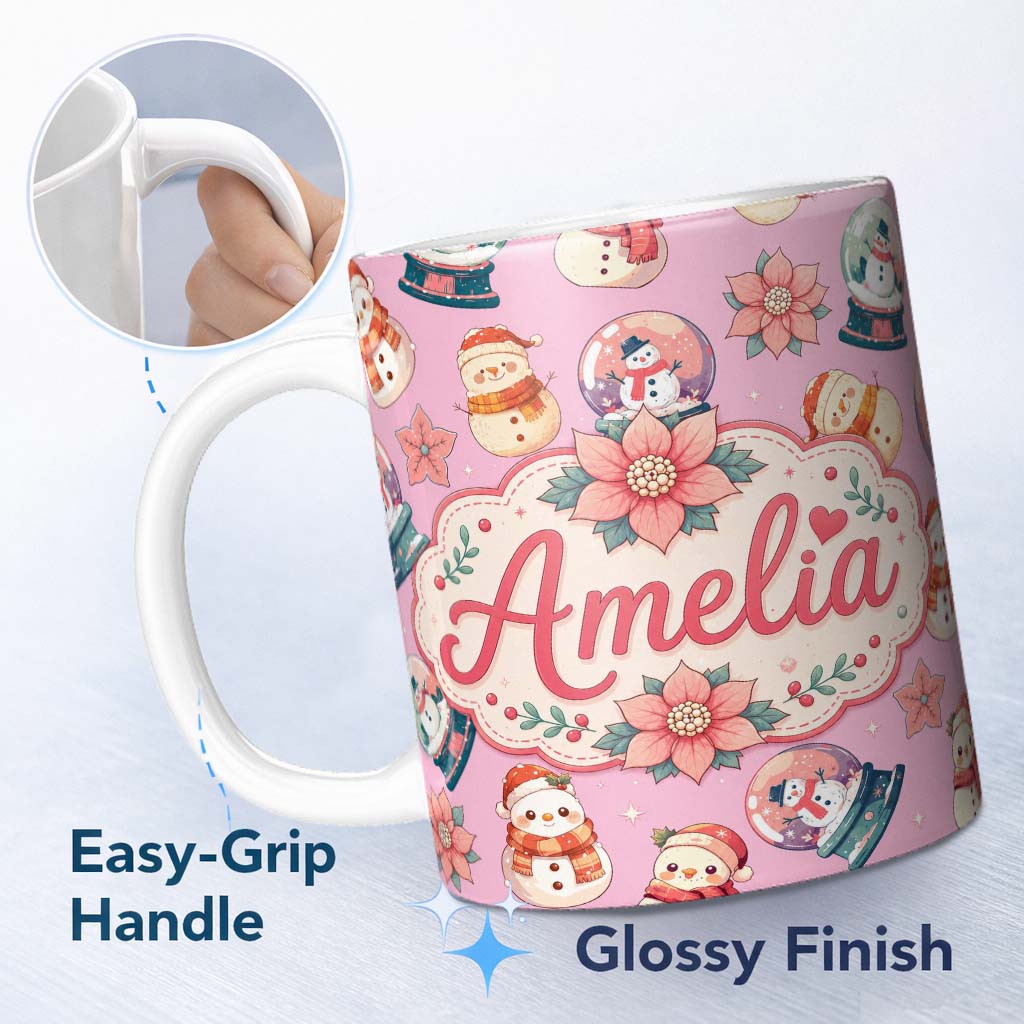 Personalized Custom Name Cute Snowman Snow Globe Poinsettia Flower Christmas Dusty Pink 11oz Ceramic Coffee Tea Mug White Large Handle