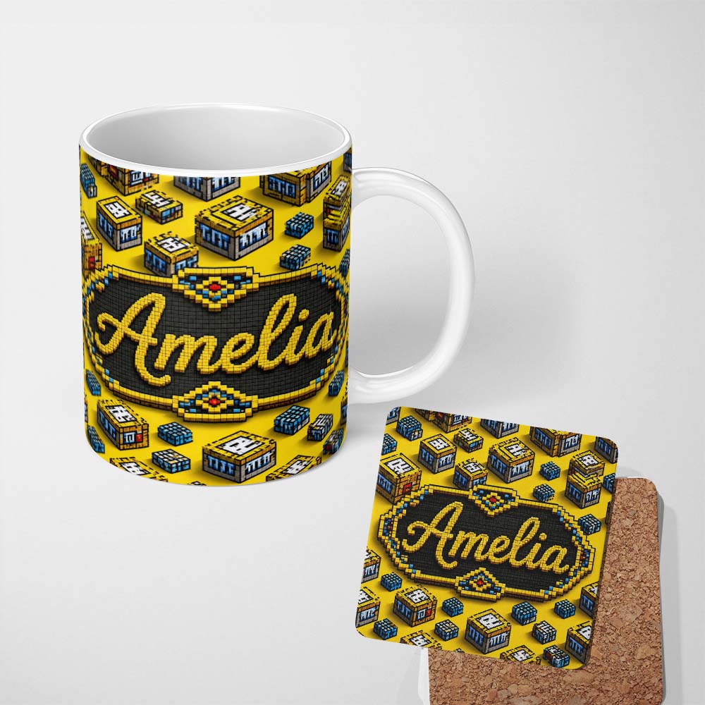 Personalized Custom Name Yellow Gaming Pixel TNT Block Cube Seamless Pattern Cute Unique Gift 11oz Ceramic Coffee Tea Mug White Large Handle