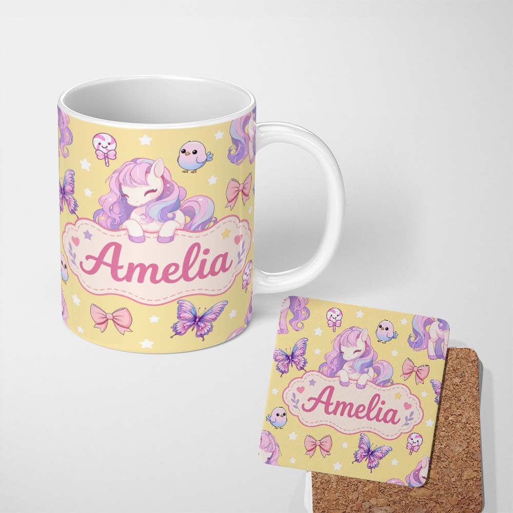 Personalized Custom Name Cute Pastel Unicorn Butterfly Candy Stars Yellow Background Seamless 11oz Ceramic Coffee Tea Mug White Large Handle