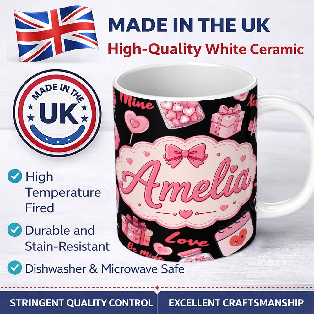 Personalized Custom Name Cute Kawaii Valentine Love Hearts Gifts Seamless Pattern White 11oz Ceramic Coffee Tea Mug White Large Handle