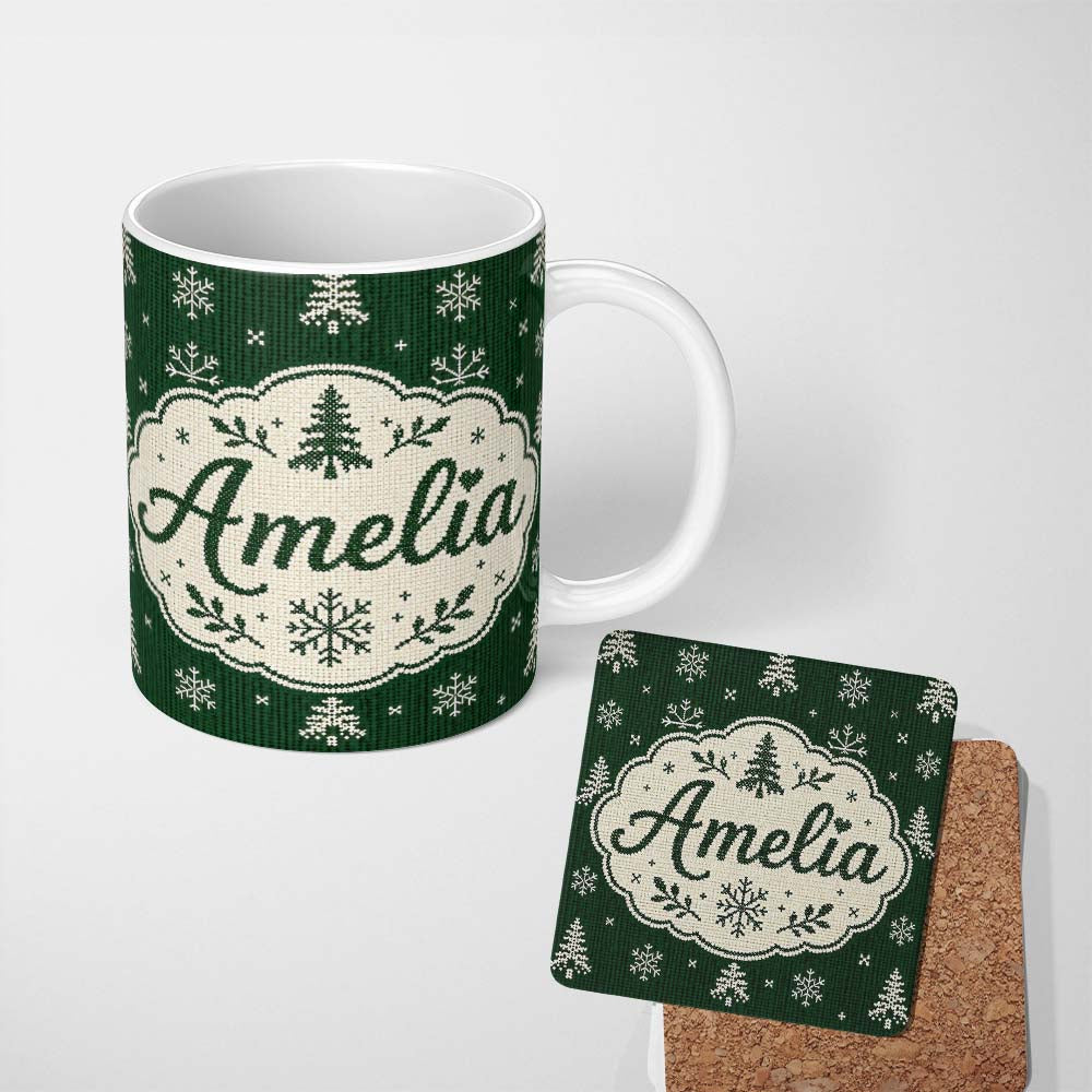 Personalized Custom Name Knitted Style Snowflake Christmas Tree Seamless Pattern Lovely 11oz Ceramic Coffee Tea Mug White Large Handle