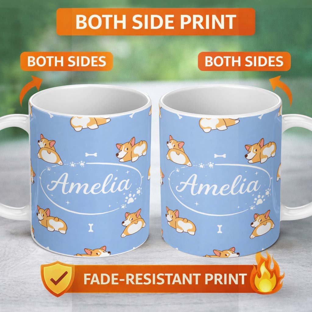 Personalized Custom Name Cute Cartoon Corgi Dogs Bone Blue Background Seamless Pattern Lovely 11oz Ceramic Coffee Tea Mug White Large Handle