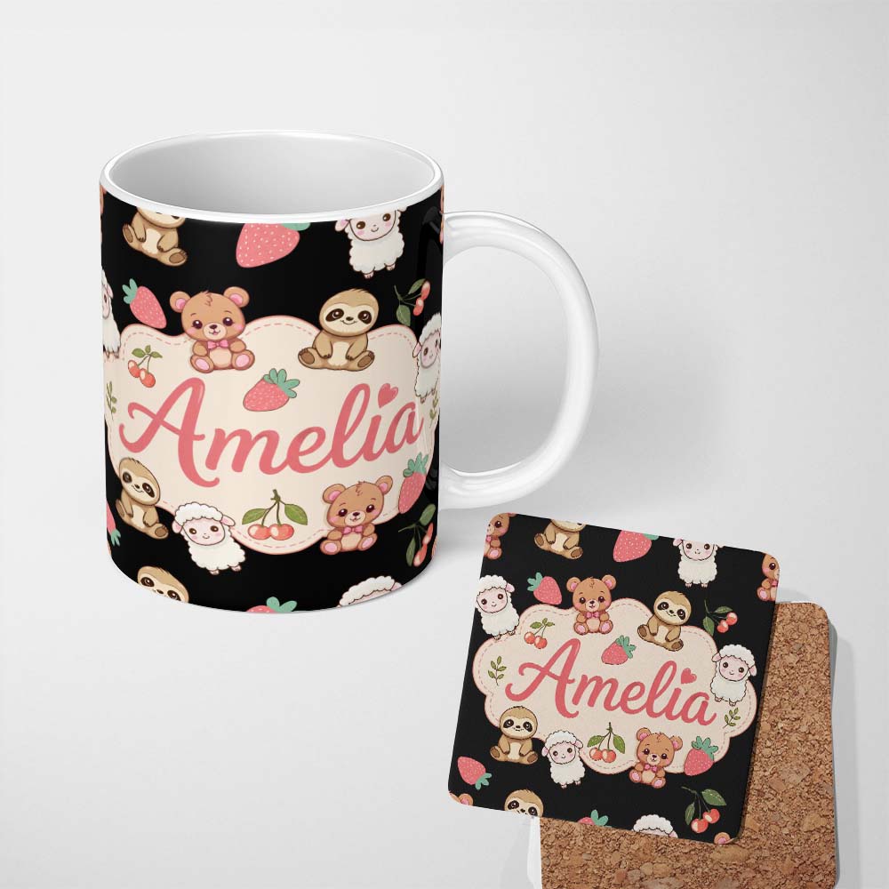 Personalized Custom Name Cute Cute Baby Animals Bear Sheep Sloth Strawberry Cherry Black 11oz Ceramic Coffee Tea Mug White Large Handle