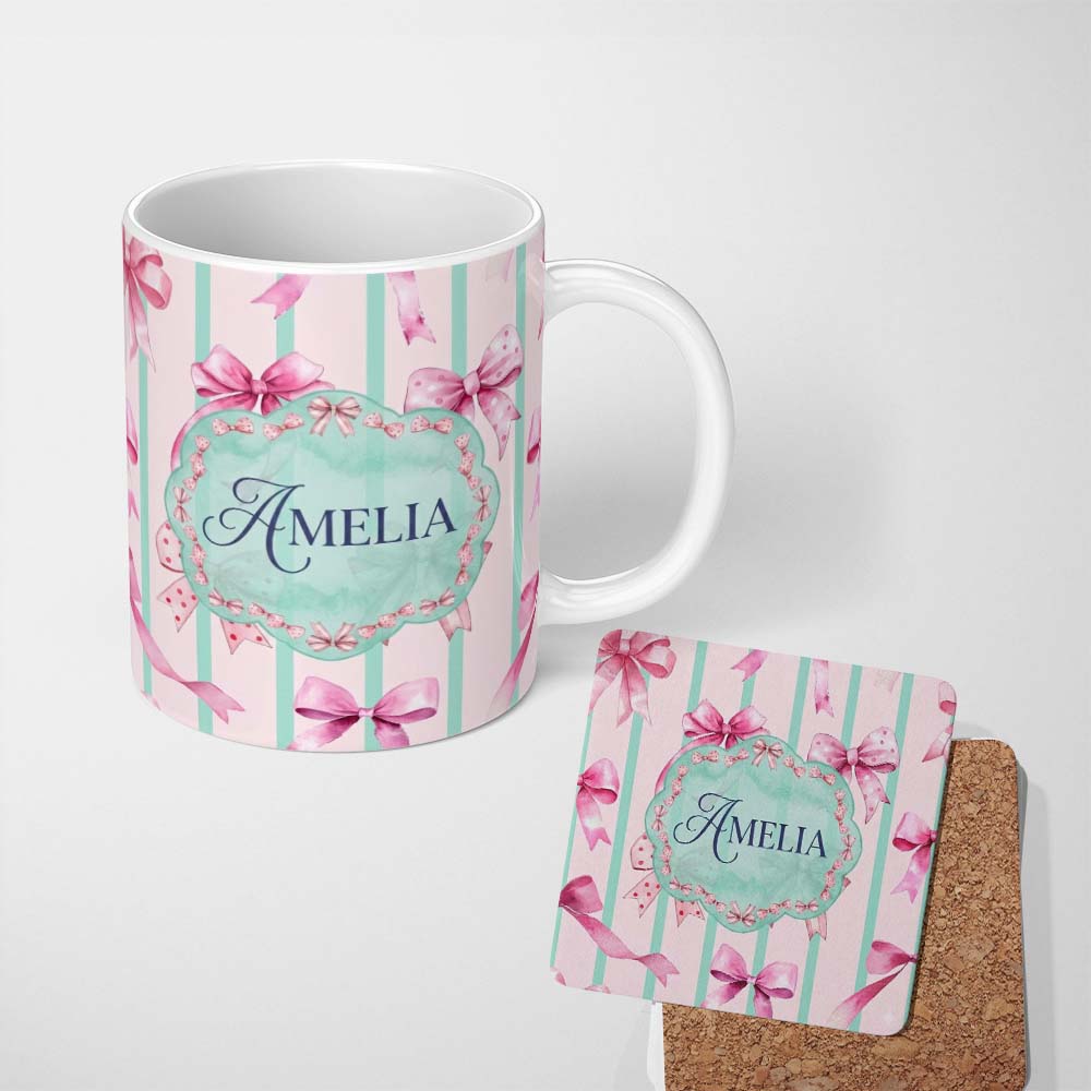 Personalized Custom Name Watercolor Pink Ribbon Bow Seamless Pattern with Mint Green Stripes 11oz Ceramic Coffee Tea Mug White Large Handle