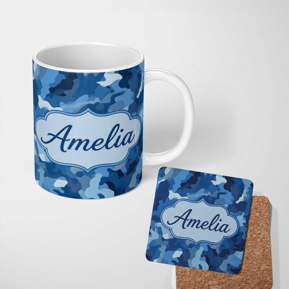 Personalized Custom Name Blue Tone Camouflage Abstract Modern Seamless Pattern Lovely 11oz Ceramic Coffee Tea Mug White Large Handle