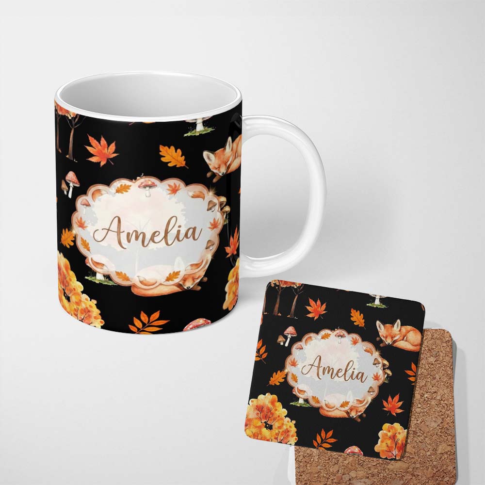 Personalized Custom Name Autumn Fox Mushroom Forest Pattern Perfect Gift for Her Lovely 11oz Ceramic Coffee Tea Mug White Large Handle