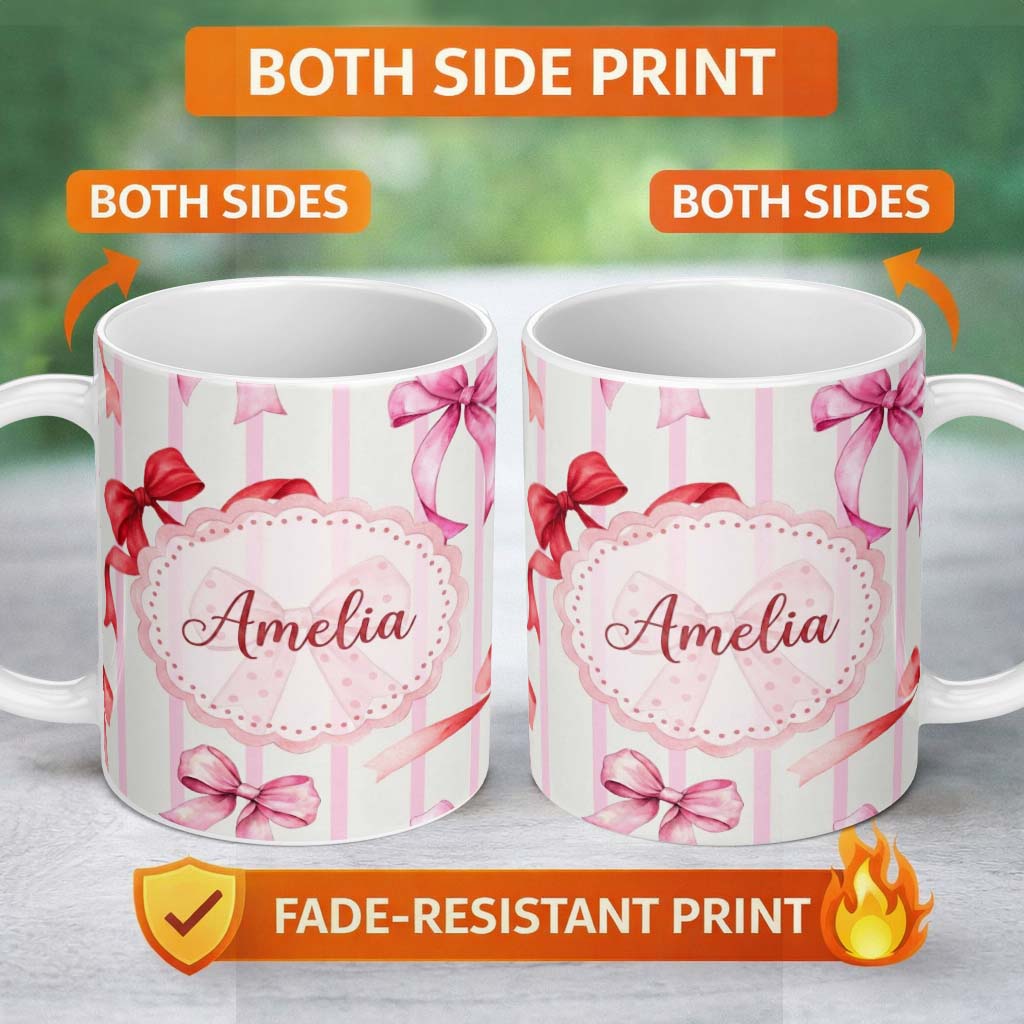 Personalized Custom Name Watercolor Ribbon Bow Seamless Pattern on Pink Stripe Background 11oz Ceramic Coffee Tea Mug White Large Handle