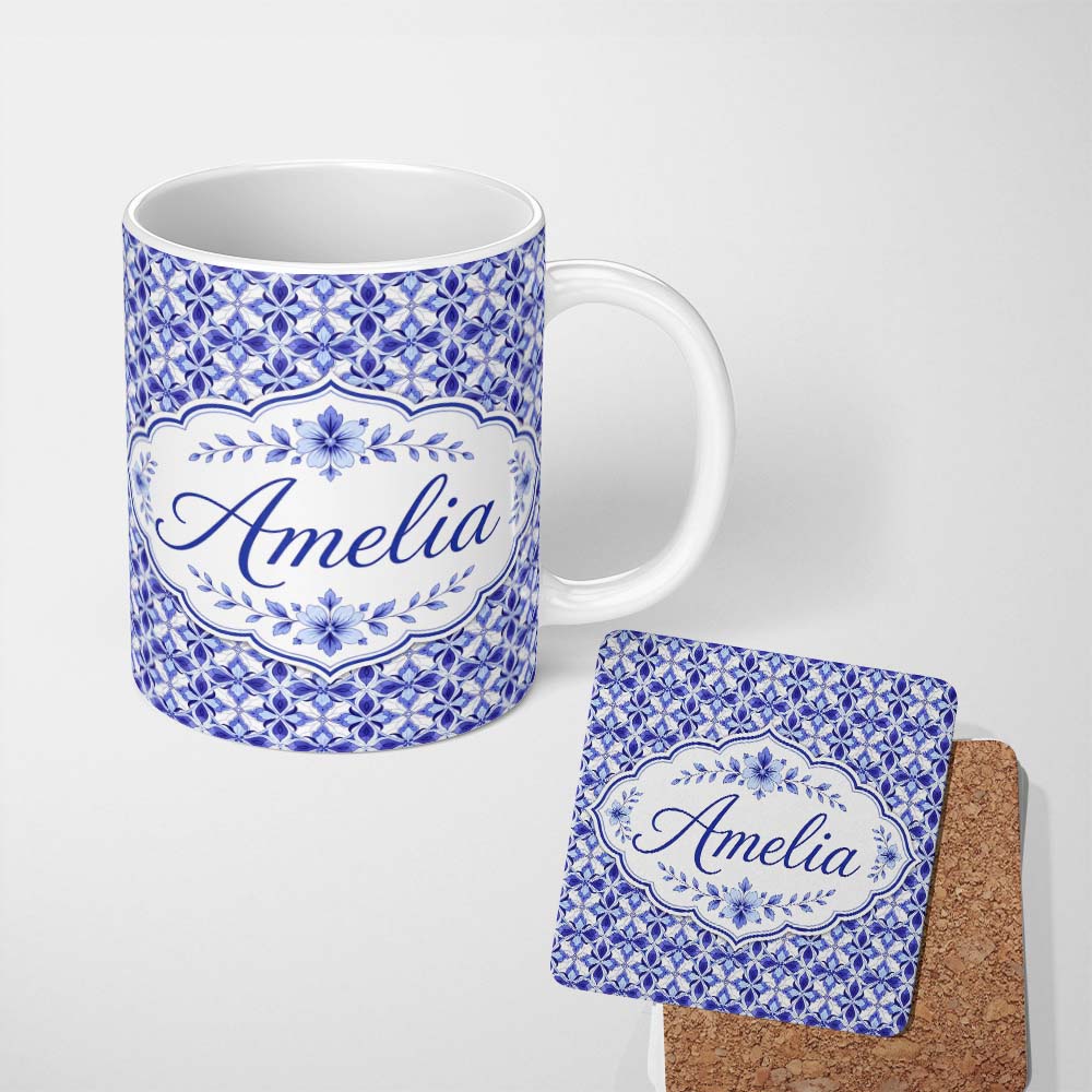 Personalized Custom Name Blue Geometric Floral Tile Seamless Pattern Ornamental Repeat Design 11oz Ceramic Coffee Tea Mug White Large Handle