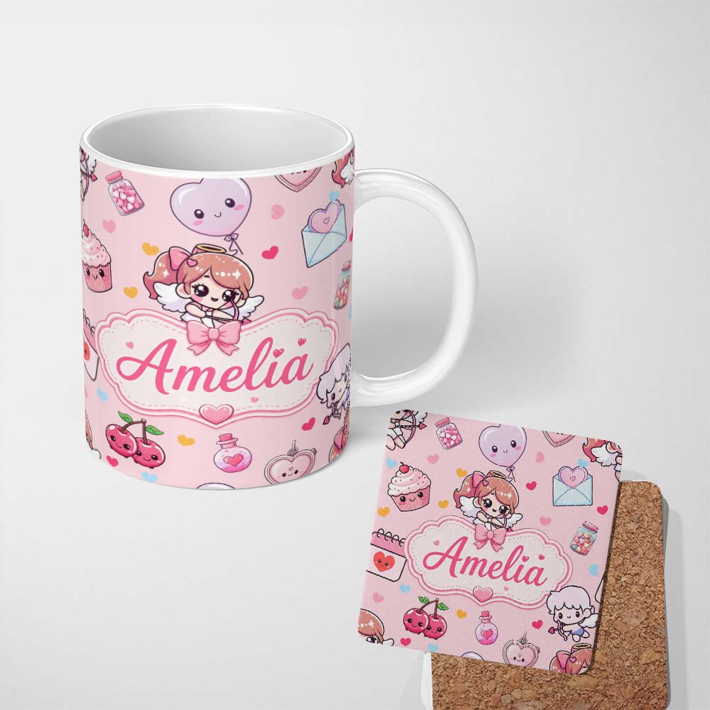 Personalized Custom Name Cute Cupid Angels Hearts Sweets Pink Background Seamless Pattern 11oz Ceramic Coffee Tea Mug White Large Handle
