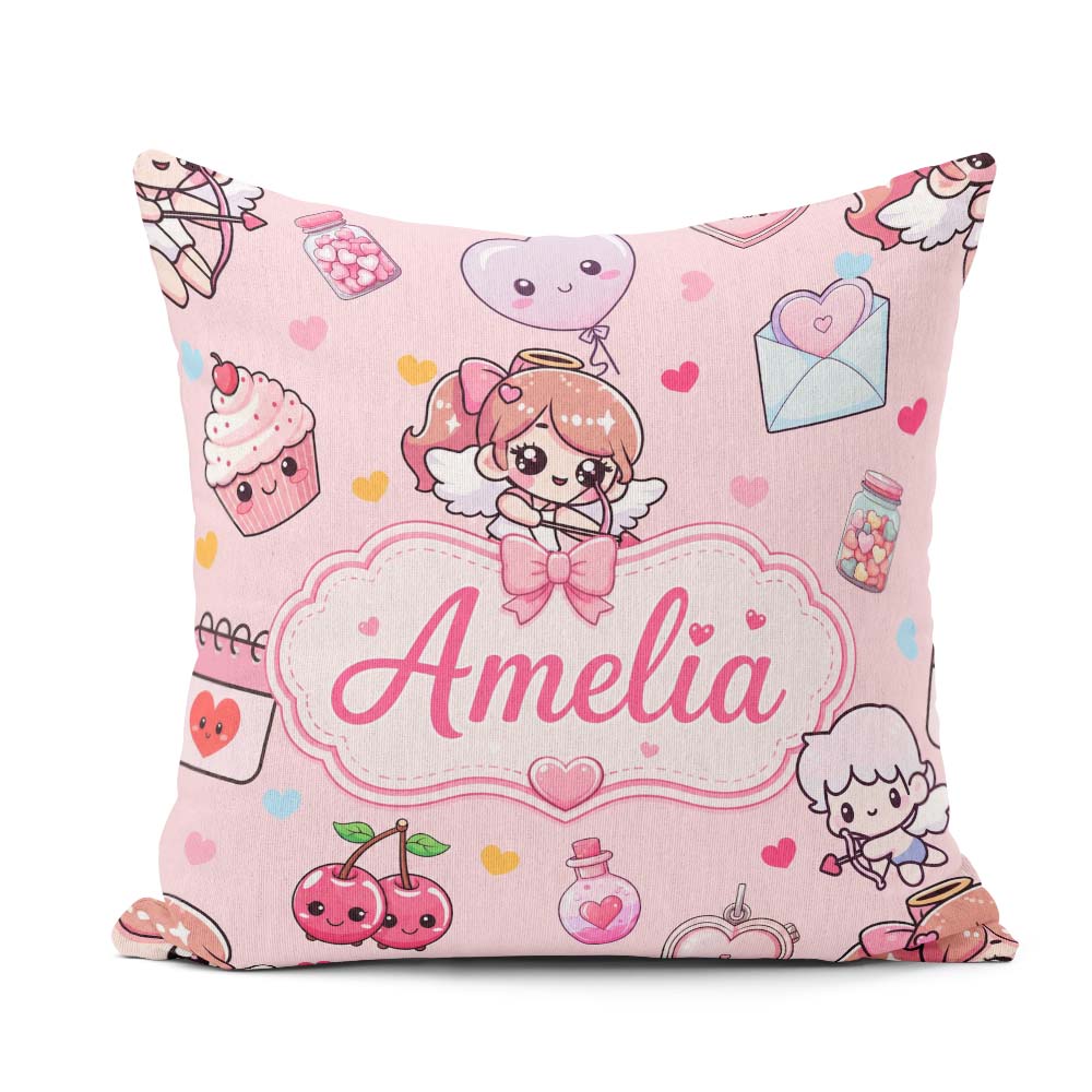 Custom Name Cupid Angels Hearts Pink Background Seamless Pattern Square Filled Cushion Throw Pillow Sofa Bed Home Decor Zip Washable UK Made