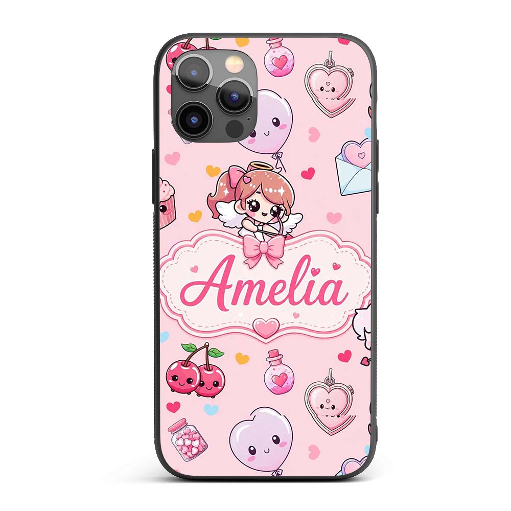 Cute Cupid Angels Hearts Sweets Pink Background Custom Name Protective Phone Case Mobile Cover Durable Everyday Smartphone Shock Resistant