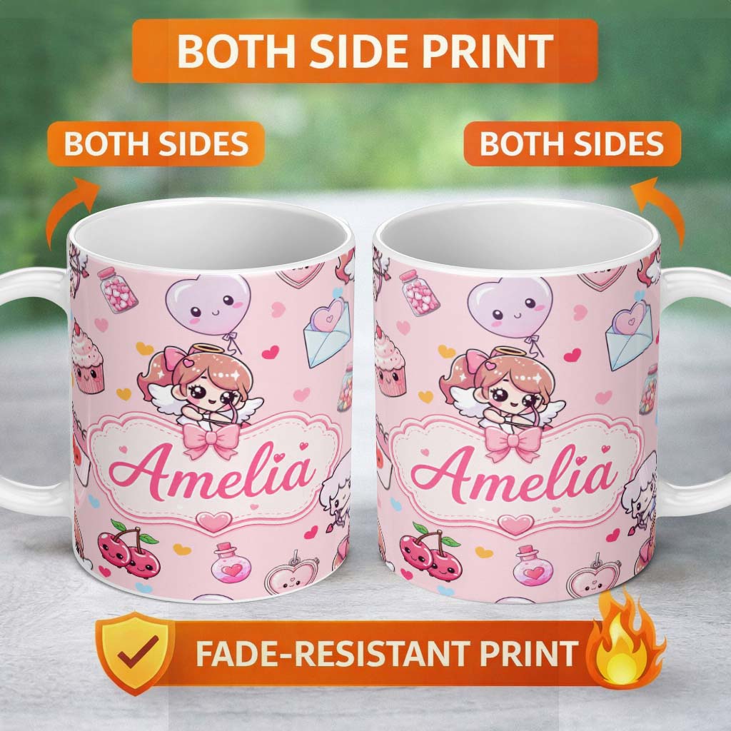 Personalized Custom Name Cute Cupid Angels Hearts Sweets Pink Background Seamless Pattern 11oz Ceramic Coffee Tea Mug White Large Handle