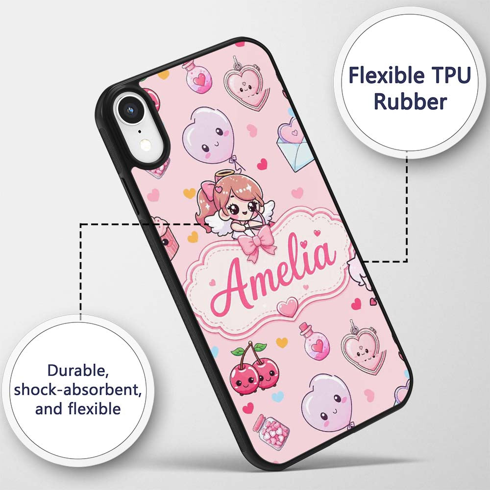 Cute Cupid Angels Hearts Sweets Pink Background Custom Name Protective Phone Case Mobile Cover Durable Everyday Smartphone Shock Resistant