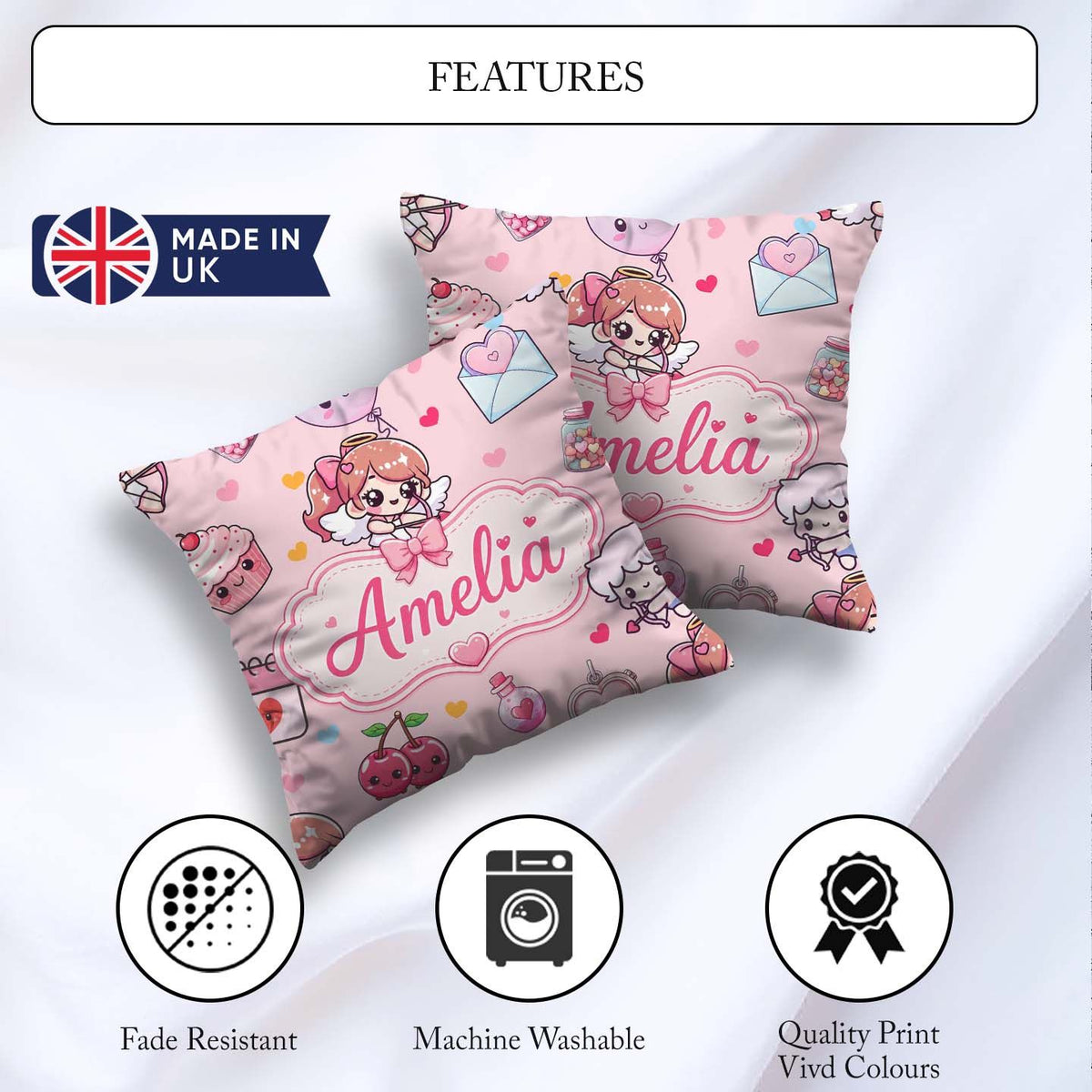 Custom Name Cupid Angels Hearts Pink Background Seamless Pattern Square Filled Cushion Throw Pillow Sofa Bed Home Decor Zip Washable UK Made