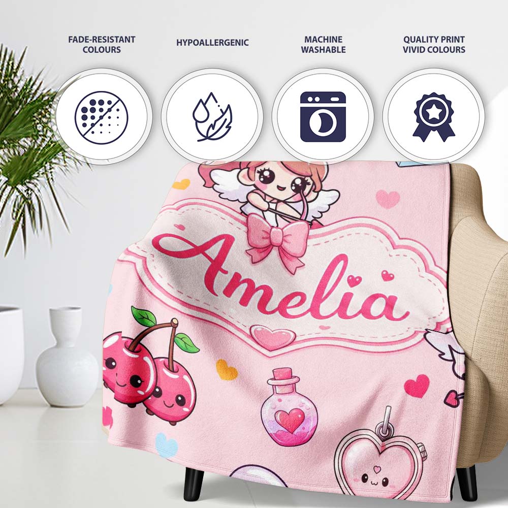 Cute Cupid Angels Hearts Sweets Pink Background Seamless Pattern Personalised Custom Name Super Soft Fleece Blanket Bed Sofa Throw