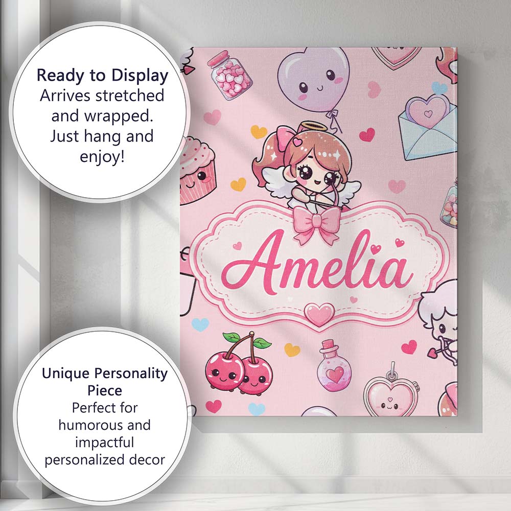 Personalised Name Cute Cupid Angels Hearts Custom Unique Gift Idea Elegant Feature Canvas Wall Art Print Decor Picture Ready to Hang