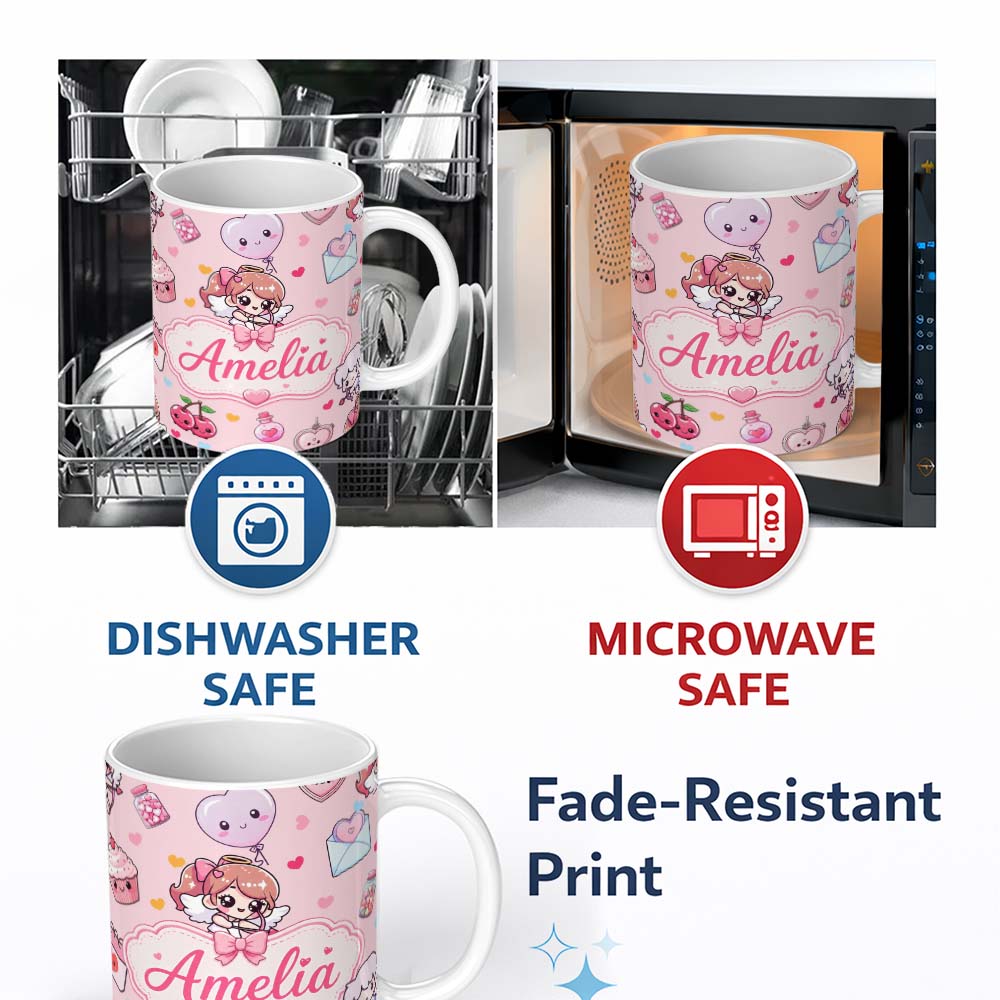 Personalized Custom Name Cute Cupid Angels Hearts Sweets Pink Background Seamless Pattern 11oz Ceramic Coffee Tea Mug White Large Handle