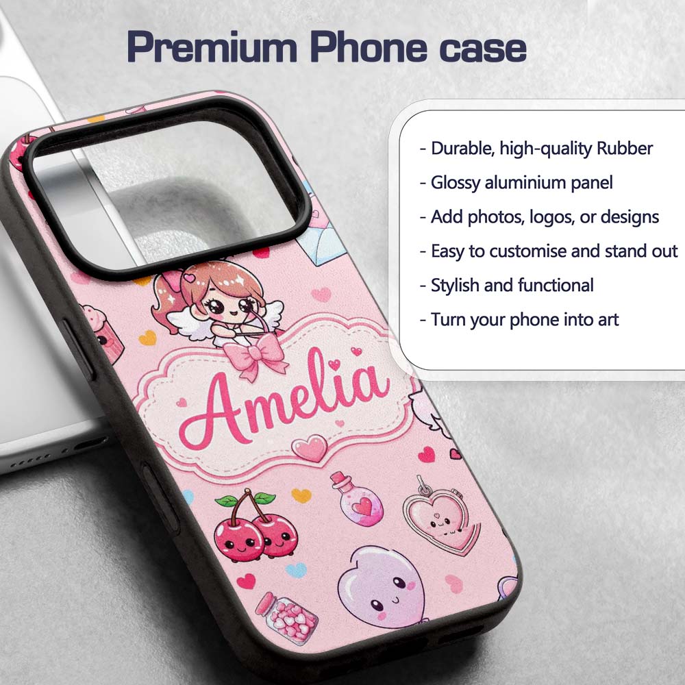 Cute Cupid Angels Hearts Sweets Pink Background Custom Name Protective Phone Case Mobile Cover Durable Everyday Smartphone Shock Resistant