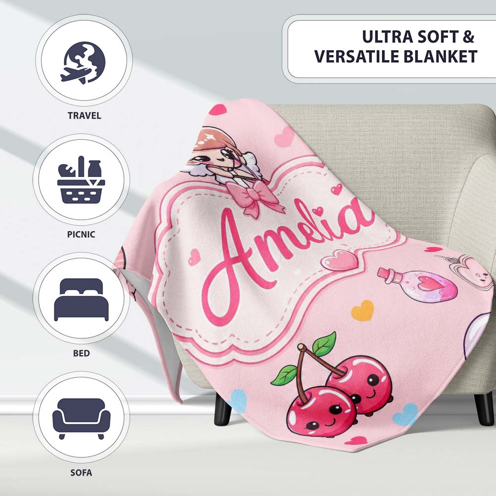 Cute Cupid Angels Hearts Sweets Pink Background Seamless Pattern Personalised Custom Name Super Soft Fleece Blanket Bed Sofa Throw