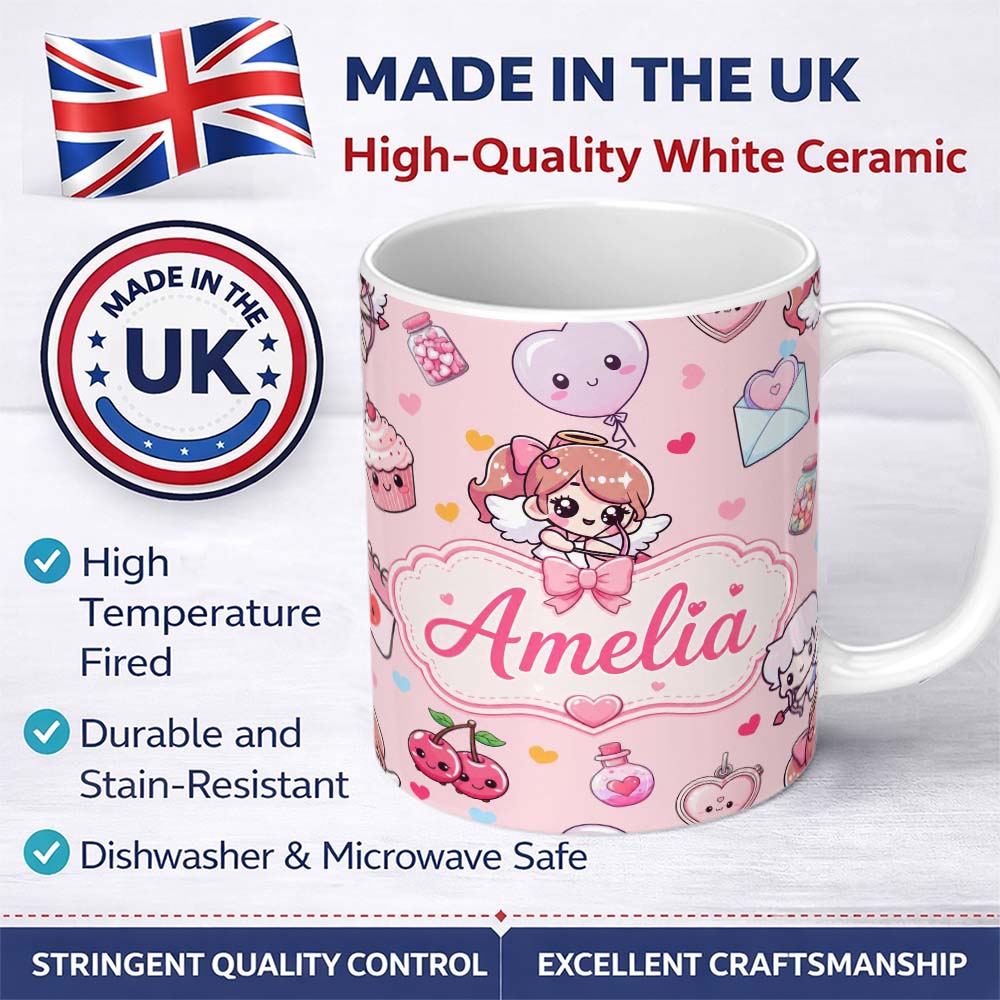 Personalized Custom Name Cute Cupid Angels Hearts Sweets Pink Background Seamless Pattern 11oz Ceramic Coffee Tea Mug White Large Handle
