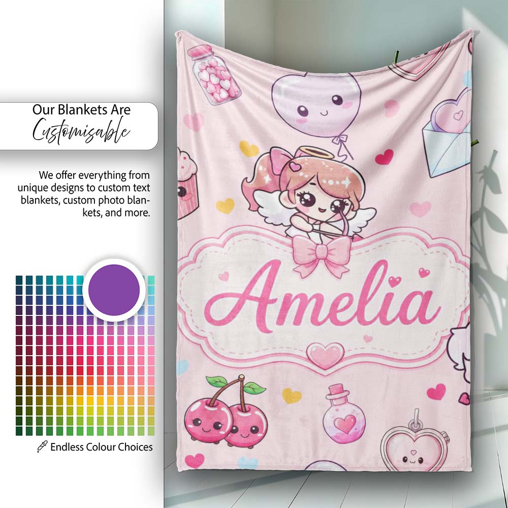 Cute Cupid Angels Hearts Sweets Pink Background Seamless Pattern Personalised Custom Name Super Soft Fleece Blanket Bed Sofa Throw
