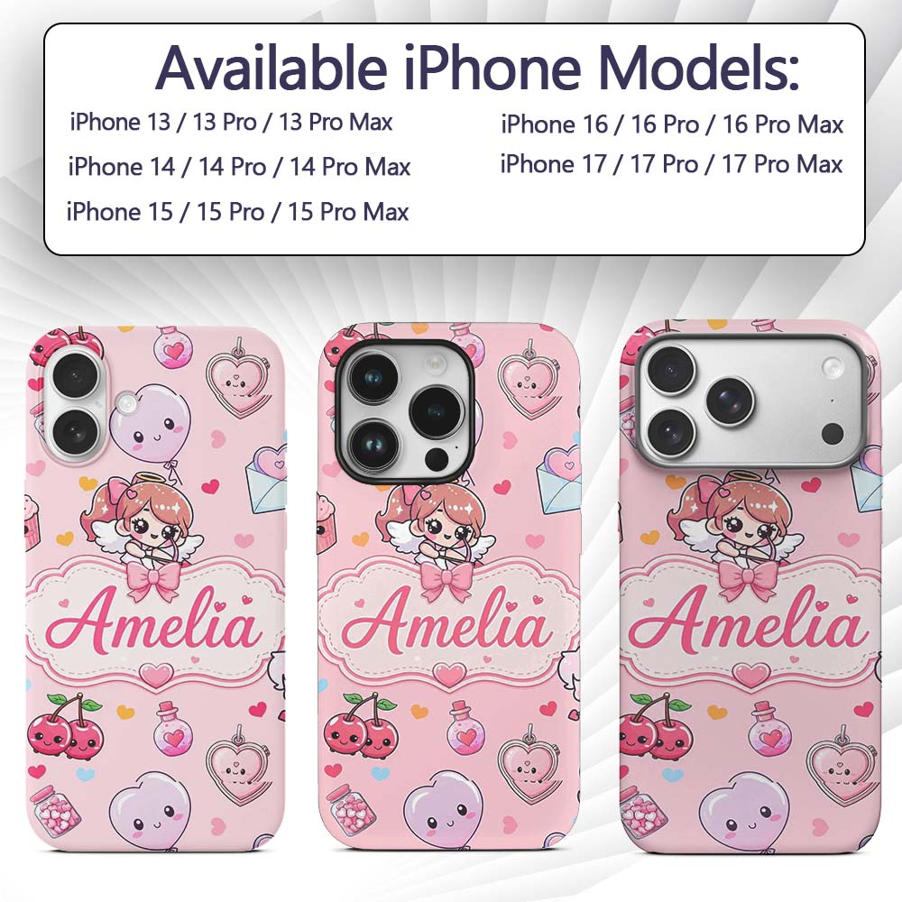 Cute Cupid Angels Hearts Sweets Pink Background Custom Name Protective Phone Case Mobile Cover Durable Everyday Smartphone Shock Resistant