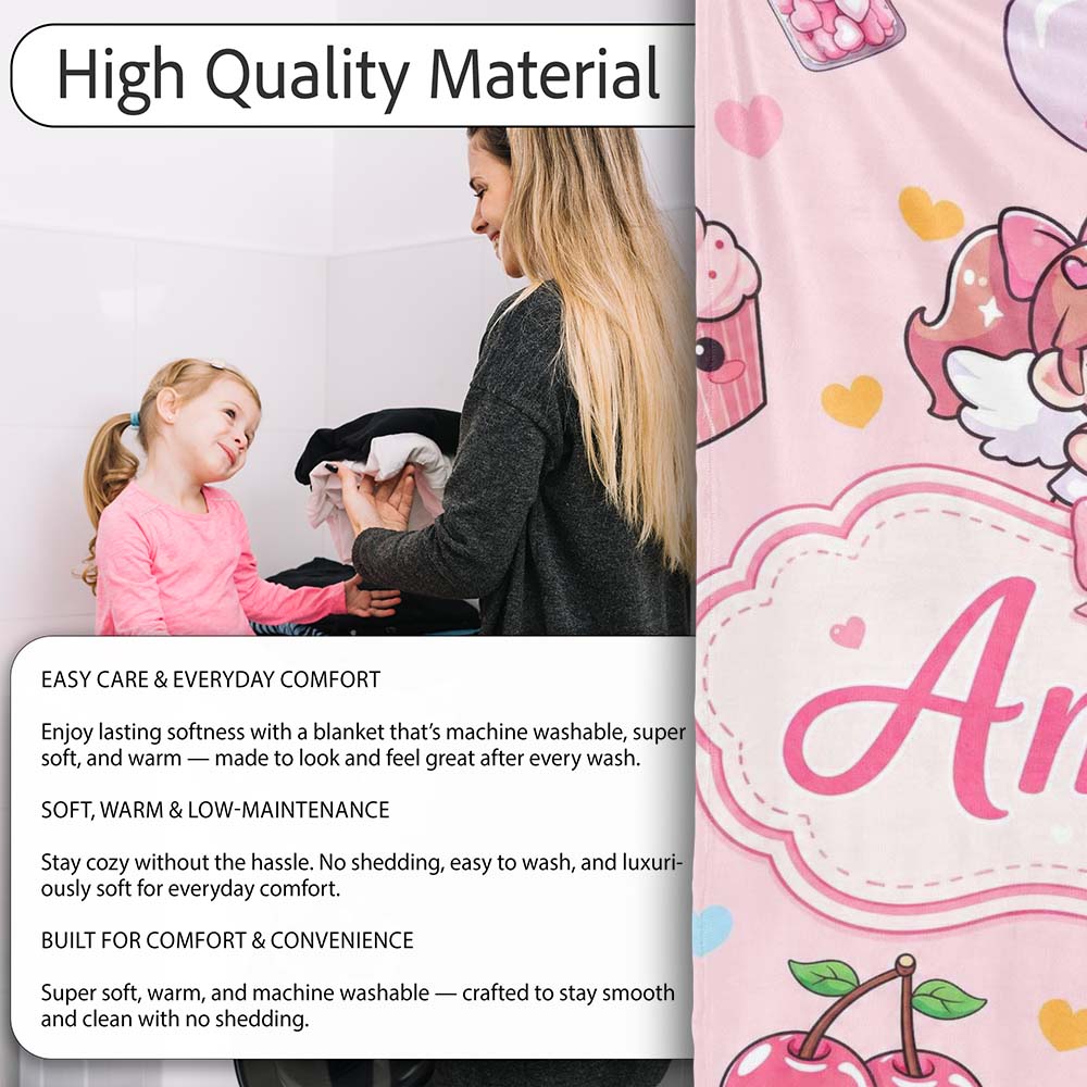 Cute Cupid Angels Hearts Sweets Pink Background Seamless Pattern Personalised Custom Name Super Soft Fleece Blanket Bed Sofa Throw