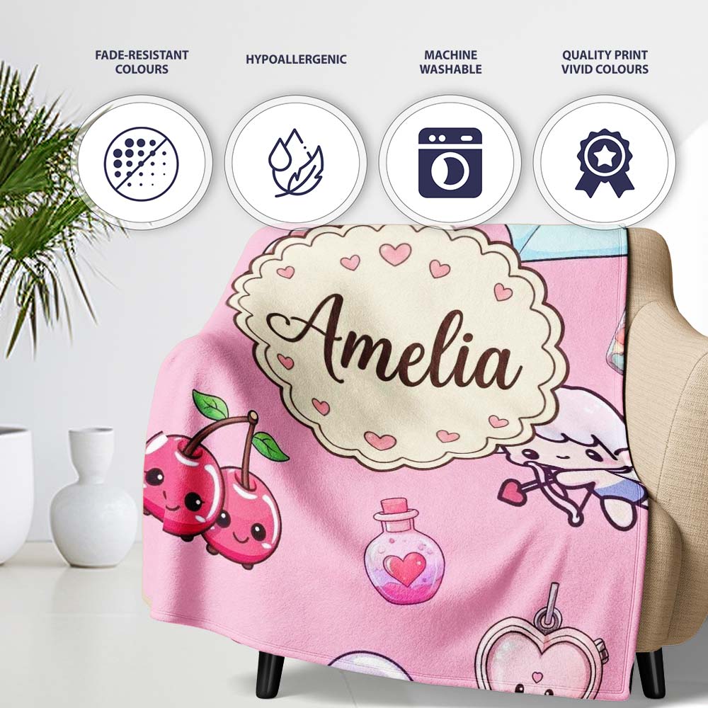 Cute Cupid Angels Hearts Sweets Lilac Background Seamless Pattern Personalised Custom Name Super Soft Fleece Blanket Bed Sofa Throw