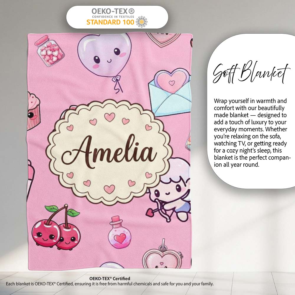 Cute Cupid Angels Hearts Sweets Lilac Background Seamless Pattern Personalised Custom Name Super Soft Fleece Blanket Bed Sofa Throw