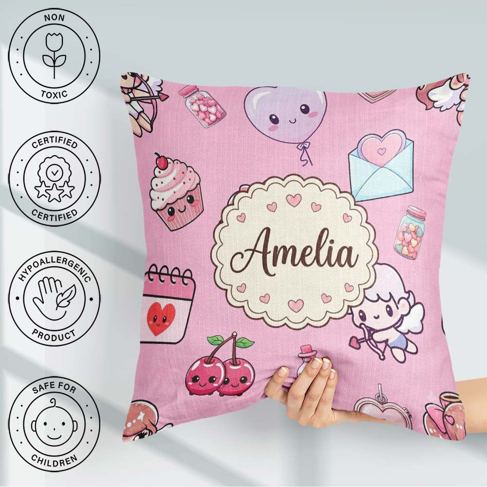 Custom Name Cupid Angels Hearts Sweets Lilac Background Seamless Square Filled Cushion Throw Pillow Sofa Bed Home Decor Zip Washable UK Made