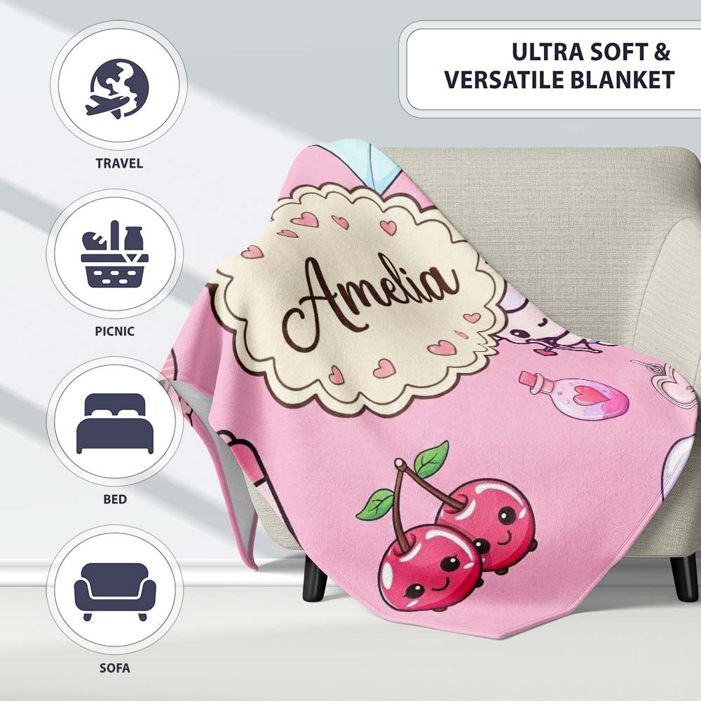 Cute Cupid Angels Hearts Sweets Lilac Background Seamless Pattern Personalised Custom Name Super Soft Fleece Blanket Bed Sofa Throw