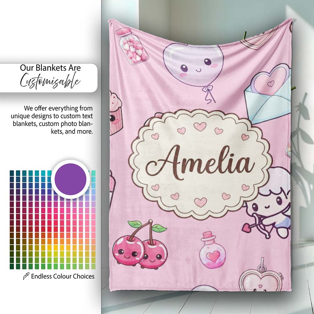 Cute Cupid Angels Hearts Sweets Lilac Background Seamless Pattern Personalised Custom Name Super Soft Fleece Blanket Bed Sofa Throw