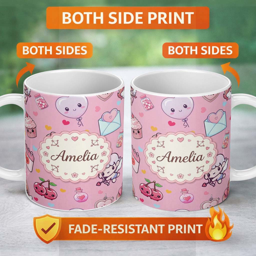 Personalized Custom Name Cute Cupid Angels Hearts Sweets Soft Pink Background Seamless 11oz Ceramic Coffee Tea Mug White Large Handle