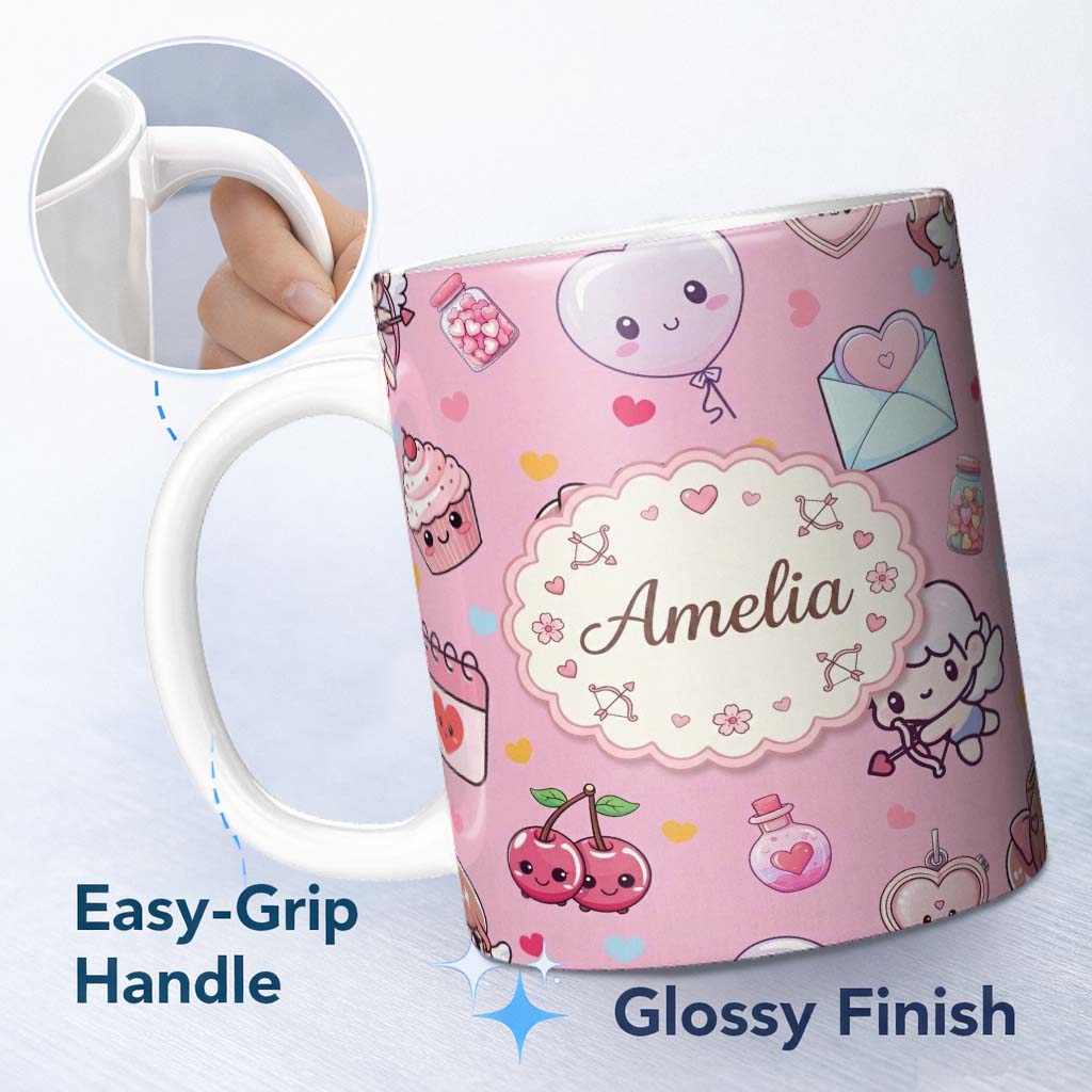 Personalized Custom Name Cute Cupid Angels Hearts Sweets Soft Pink Background Seamless 11oz Ceramic Coffee Tea Mug White Large Handle