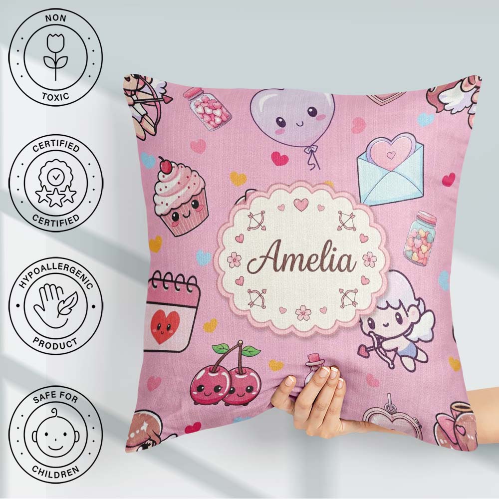 Custom Name Cute Cupid Angels Hearts Sweets Soft Pink Background Square Filled Cushion Throw Pillow Sofa Bed Home Decor Zip Washable UK Made