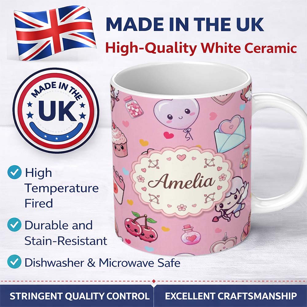 Personalized Custom Name Cute Cupid Angels Hearts Sweets Soft Pink Background Seamless 11oz Ceramic Coffee Tea Mug White Large Handle
