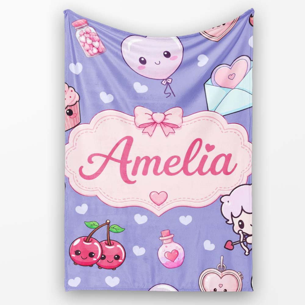 Cute Cupid Angels Hearts Sweets Violet Seamless Pattern Name Unique Personalised Custom Name Super Soft Fleece Blanket Bed Sofa Throw