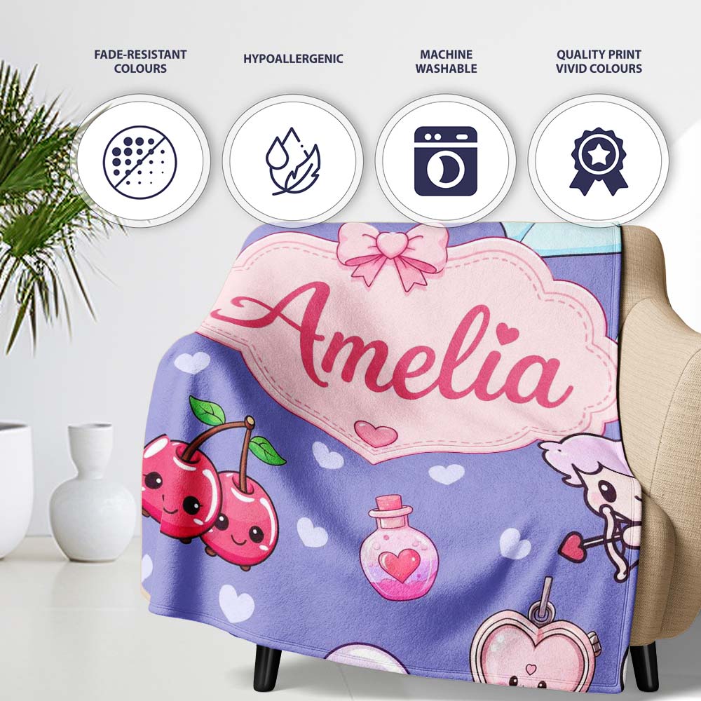 Cute Cupid Angels Hearts Sweets Violet Seamless Pattern Name Unique Personalised Custom Name Super Soft Fleece Blanket Bed Sofa Throw