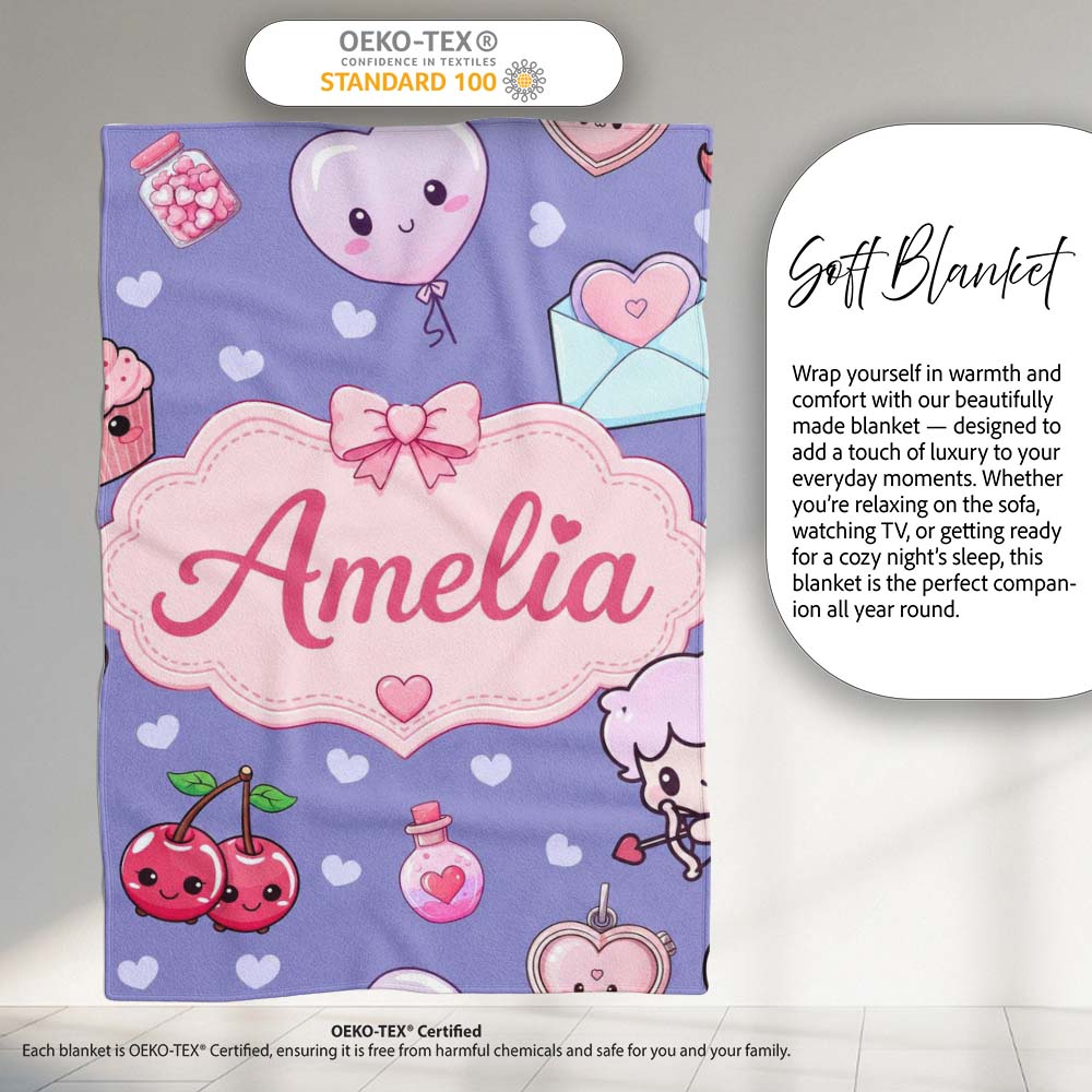 Cute Cupid Angels Hearts Sweets Violet Seamless Pattern Name Unique Personalised Custom Name Super Soft Fleece Blanket Bed Sofa Throw
