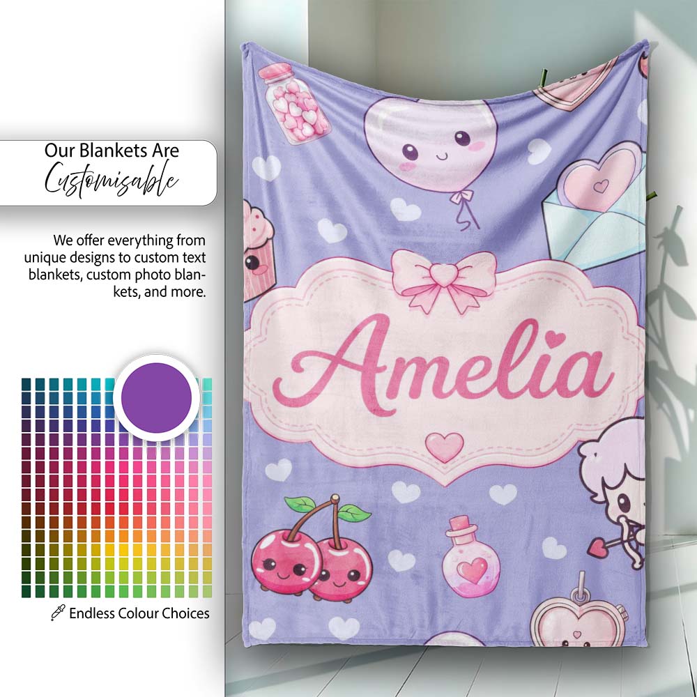 Cute Cupid Angels Hearts Sweets Violet Seamless Pattern Name Unique Personalised Custom Name Super Soft Fleece Blanket Bed Sofa Throw