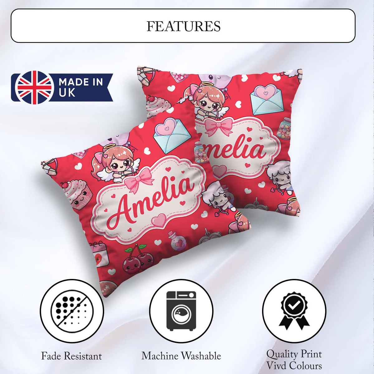 Custom Name Cupid Angels Hearts Sweets Red Seamless Pattern Name Square Filled Cushion Throw Pillow Sofa Bed Home Decor Zip Washable UK Made