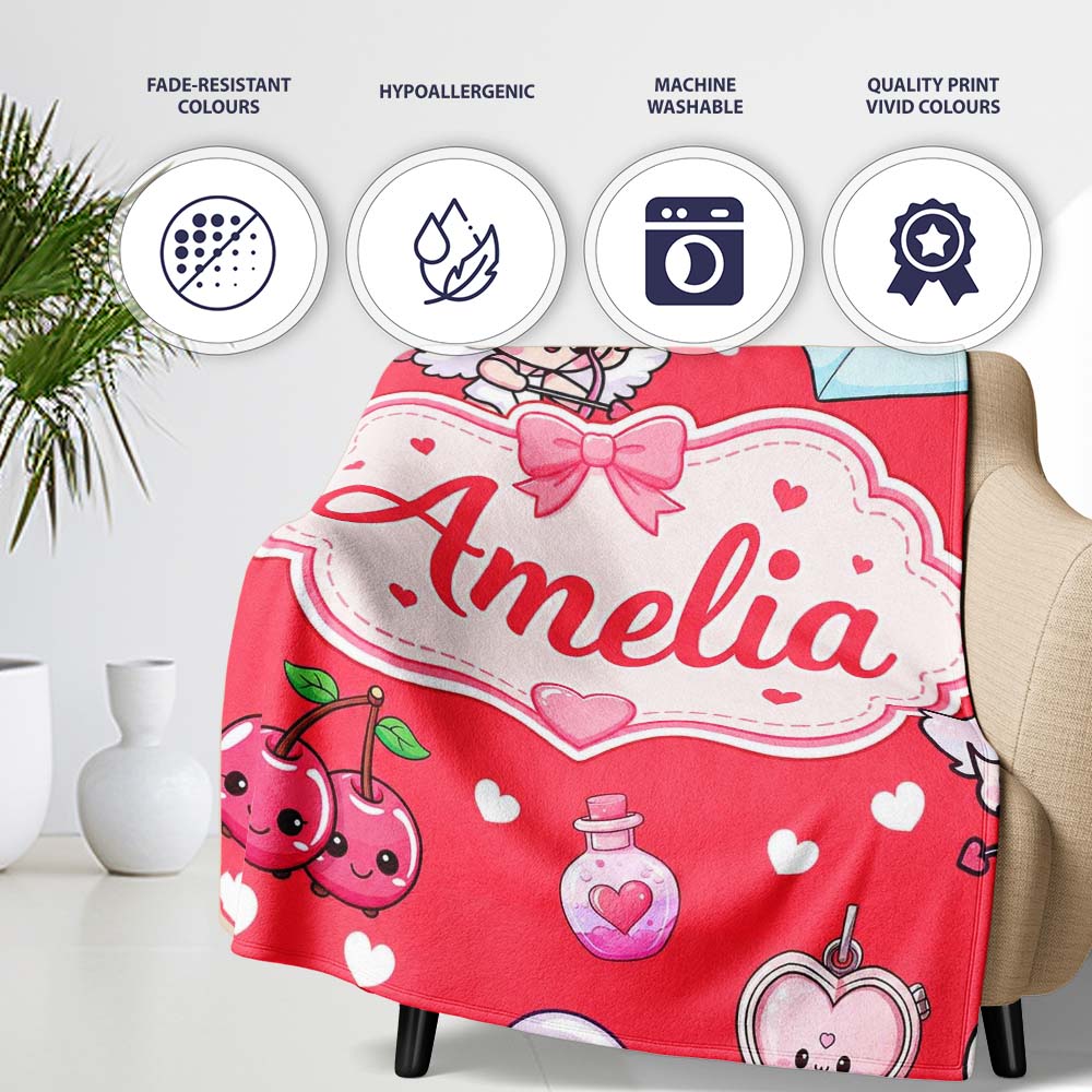 Cute Cupid Angels Hearts Sweets Red Background Seamless Pattern Name Personalised Custom Name Super Soft Fleece Blanket Bed Sofa Throw