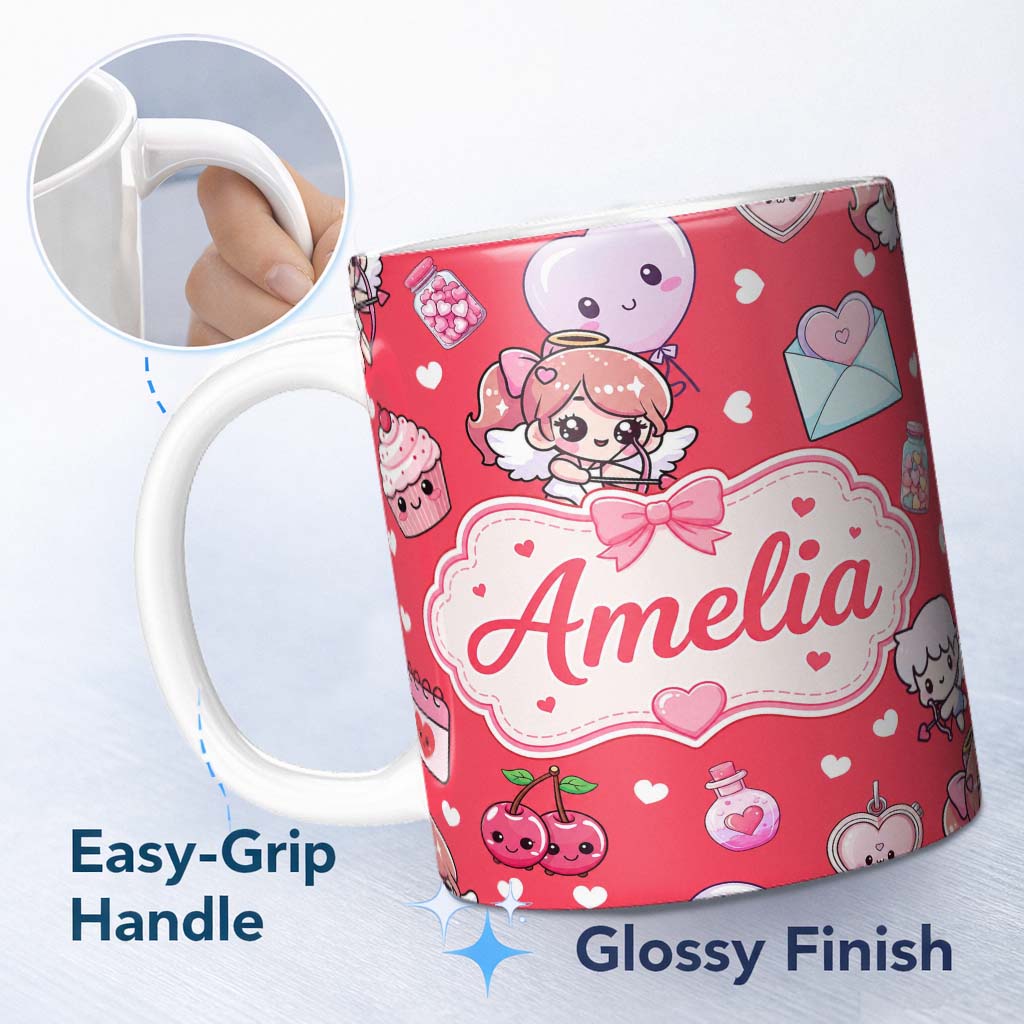 Personalized Custom Name Cute Cupid Angels Hearts Sweets Red Background Seamless Pattern Name 11oz Ceramic Coffee Tea Mug White Large Handle
